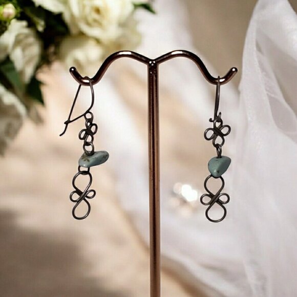 Dainty Silver Wire Earrings Pale Blue Turquoise 1.5" Dangle Drop - Picture 1 of 12